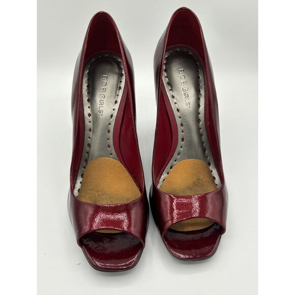BCBGirls Ariel Ruby Red Tumbled Pearl Patent Leather Peep toe Stiletto Heels sz - Picture 15 of 16